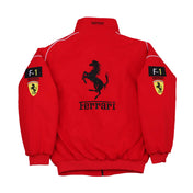 Red Ferrari jacket with logo and branding on a gray background