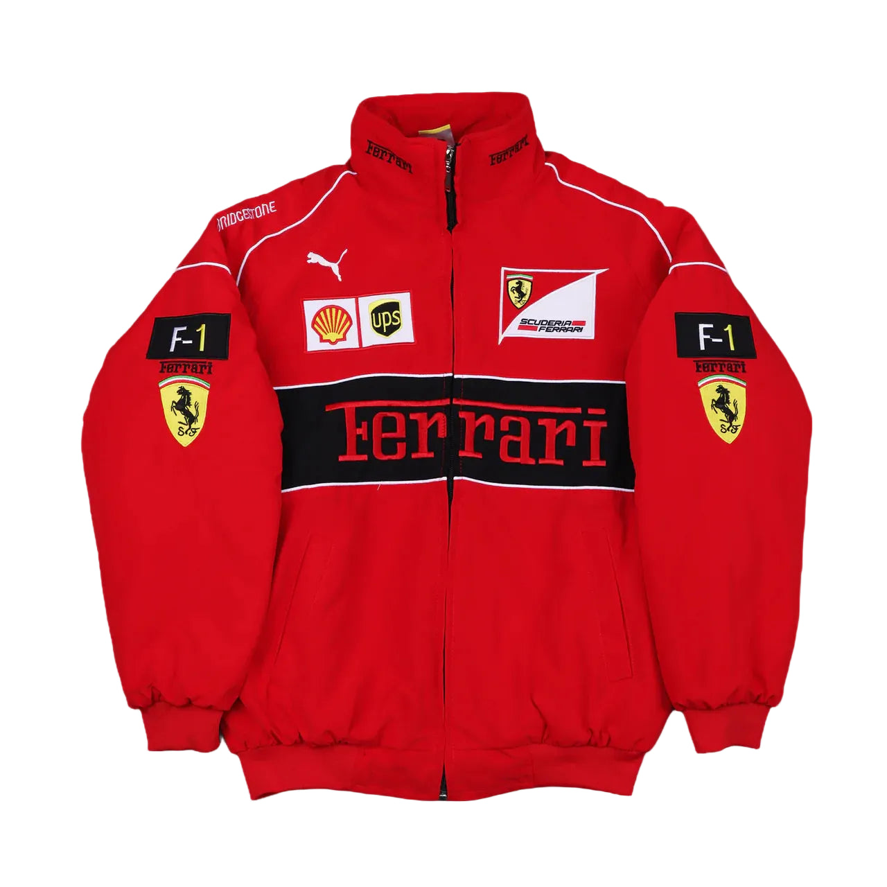 Red Ferrari jacket with various logos on a gray background