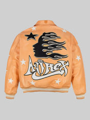 Orange jacket with black and white graphics on a gray background