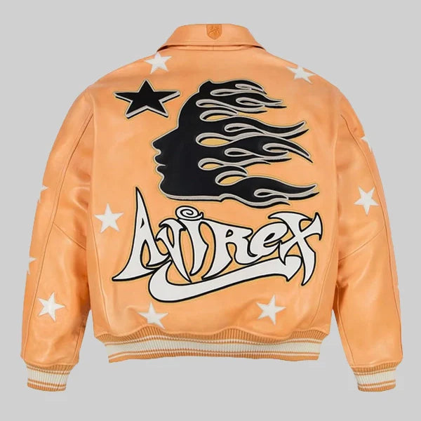 Orange jacket with black and white graphics on a gray background