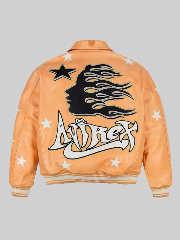 Orange jacket with black and white graphics on a gray background