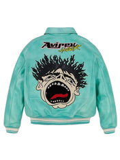 Turquoise jacket with a graphic design on the back against a gray background