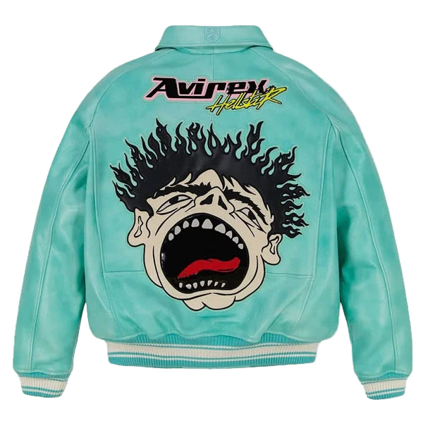 Turquoise jacket with a graphic design on the back against a gray background