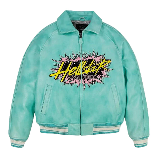 Turquoise jacket with colorful graphic design on a gray background
