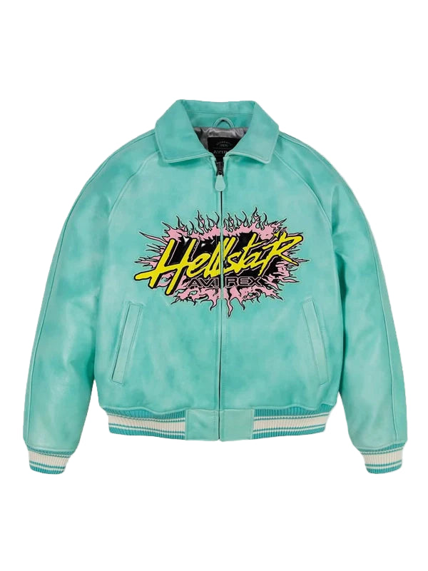 Turquoise jacket with colorful graphic design on a gray background
