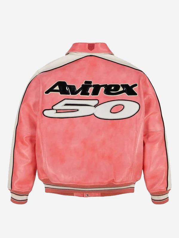 Pink leather jacket with 'Avirex 50' logo on a white background