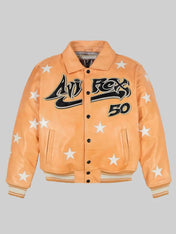 Orange jacket with star patterns and black text on a gray background