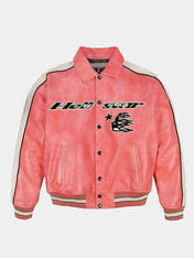 Pink leather jacket with 'Hell Star' logo on a white background