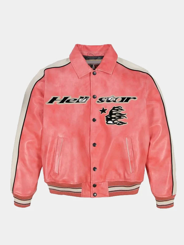 Pink leather jacket with 'Hell Star' logo on a white background