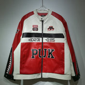 Red and white jacket with 'PUK' branding on a hanger against a gray background