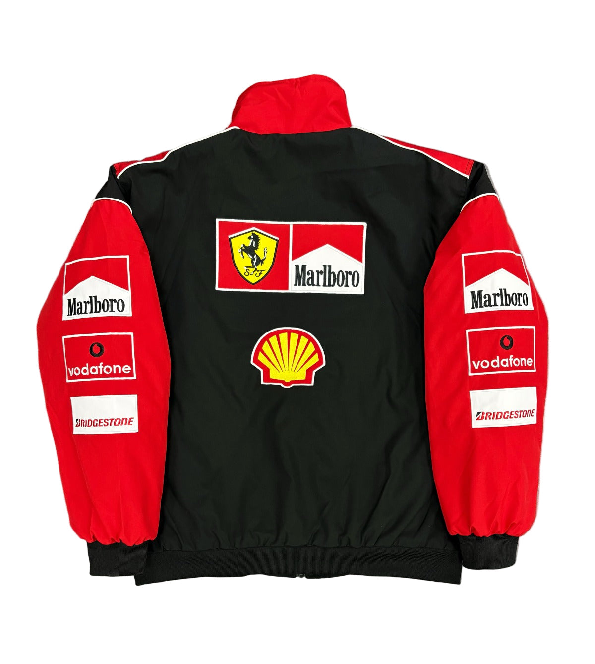 Black and red jacket with various logos on a textured gray background