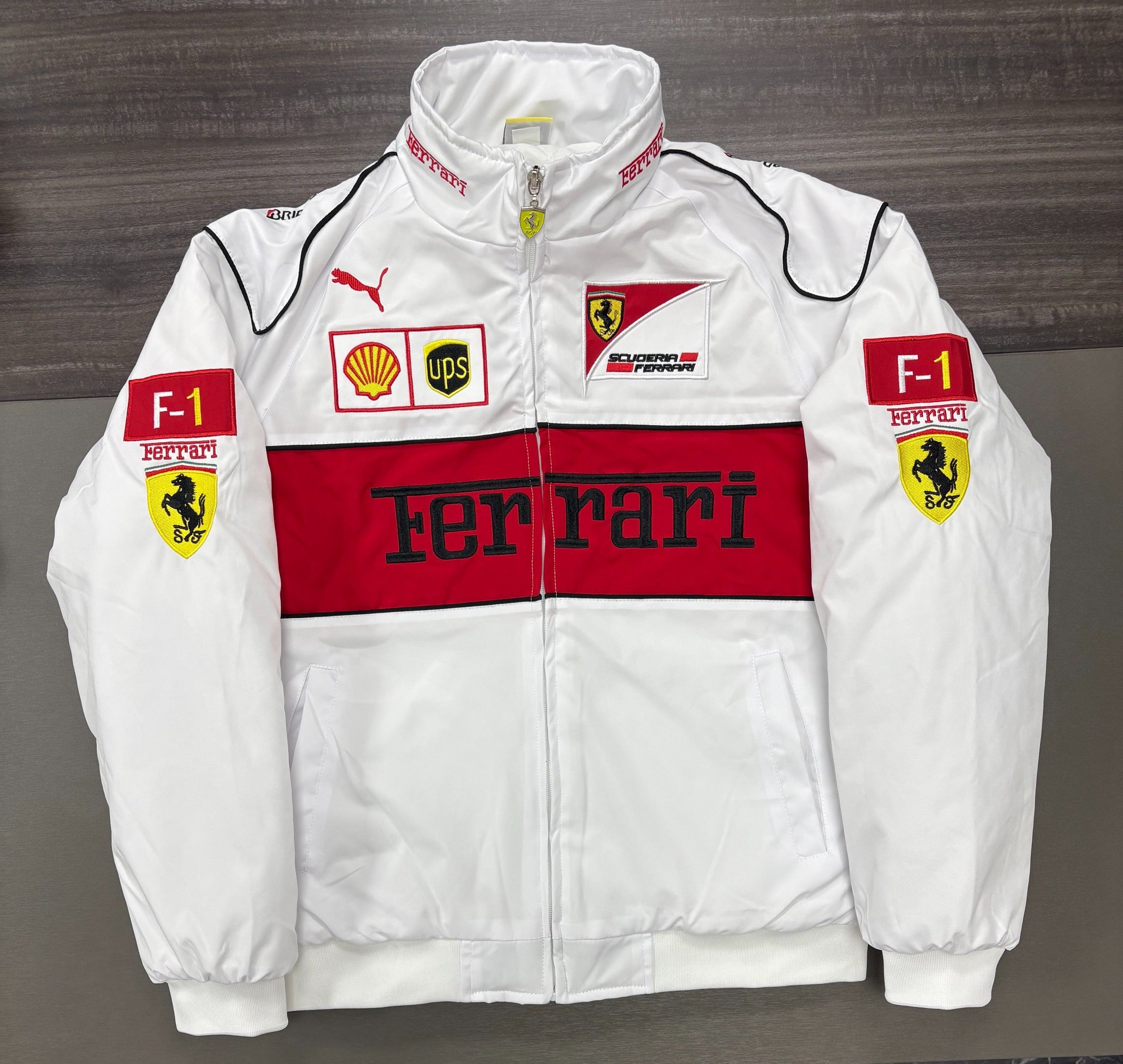 F1 Ferrari White Embroidered Vintage Racing Jacket