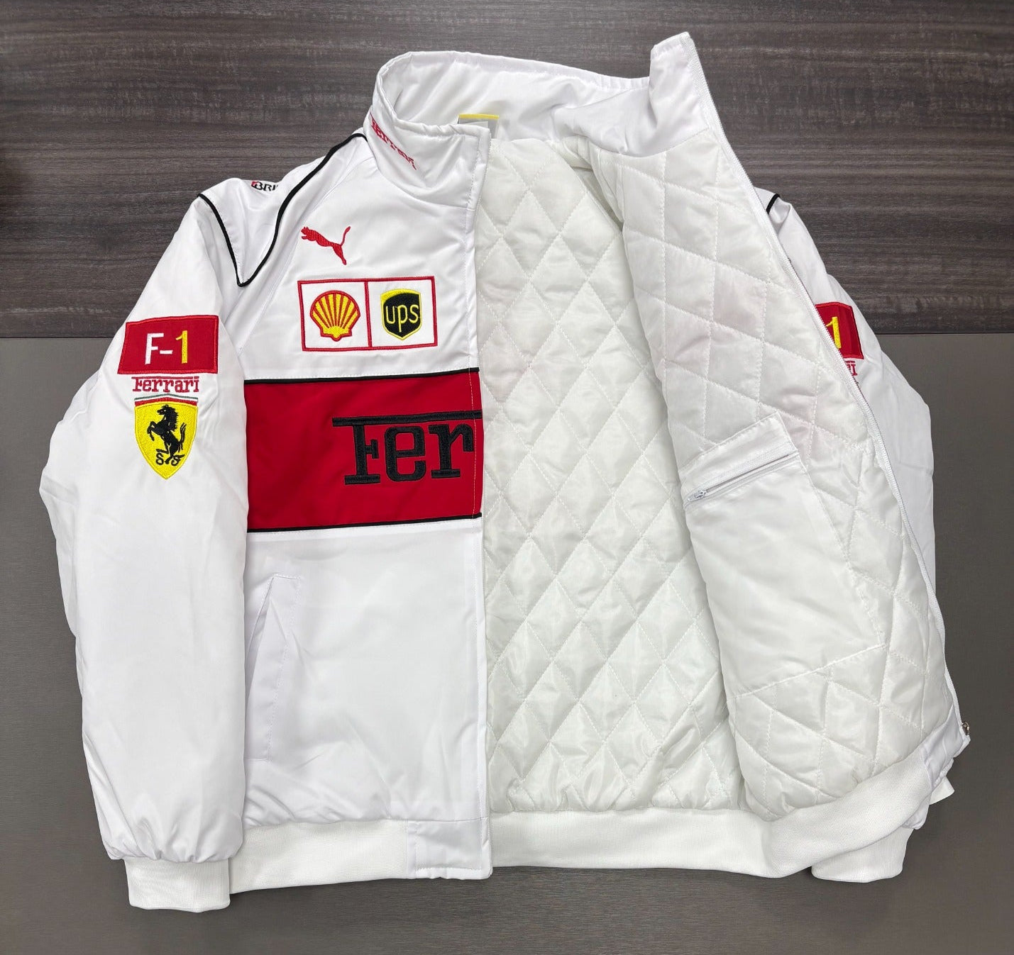 F1 Ferrari White Embroidered Vintage Racing Jacket