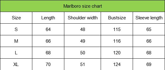 Marlboro size chart for clothing with size, length, shoulder width, bust size, and sleeve length details.