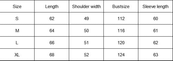 Table displaying clothing size measurements with columns for Size, Length, Shoulder width, Bust size, and Sleeve length.