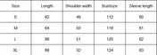 Table displaying clothing size measurements with columns for Size, Length, Shoulder width, Bust size, and Sleeve length.
