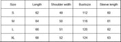 Table displaying clothing size measurements with columns for Size, Length, Shoulder width, Bustsize, and Sleeve length.