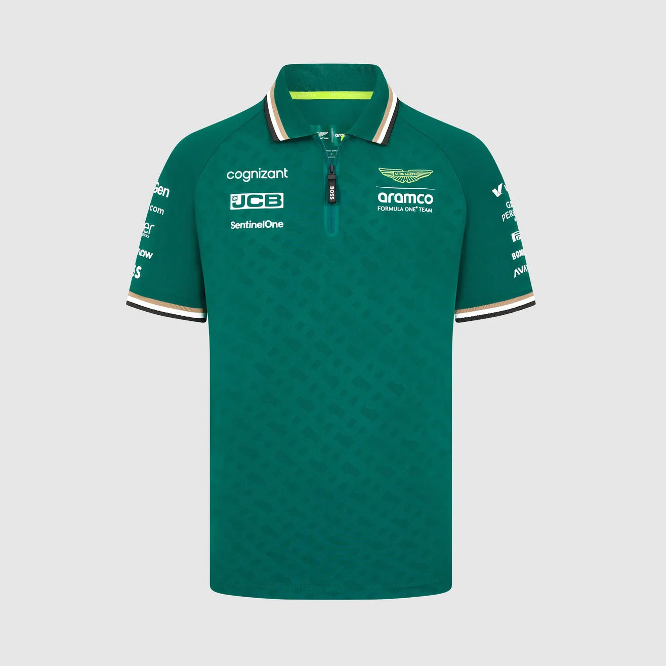 Green polo shirt with various logos on a light gray background