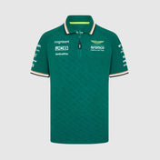 Green polo shirt with various logos on a light gray background