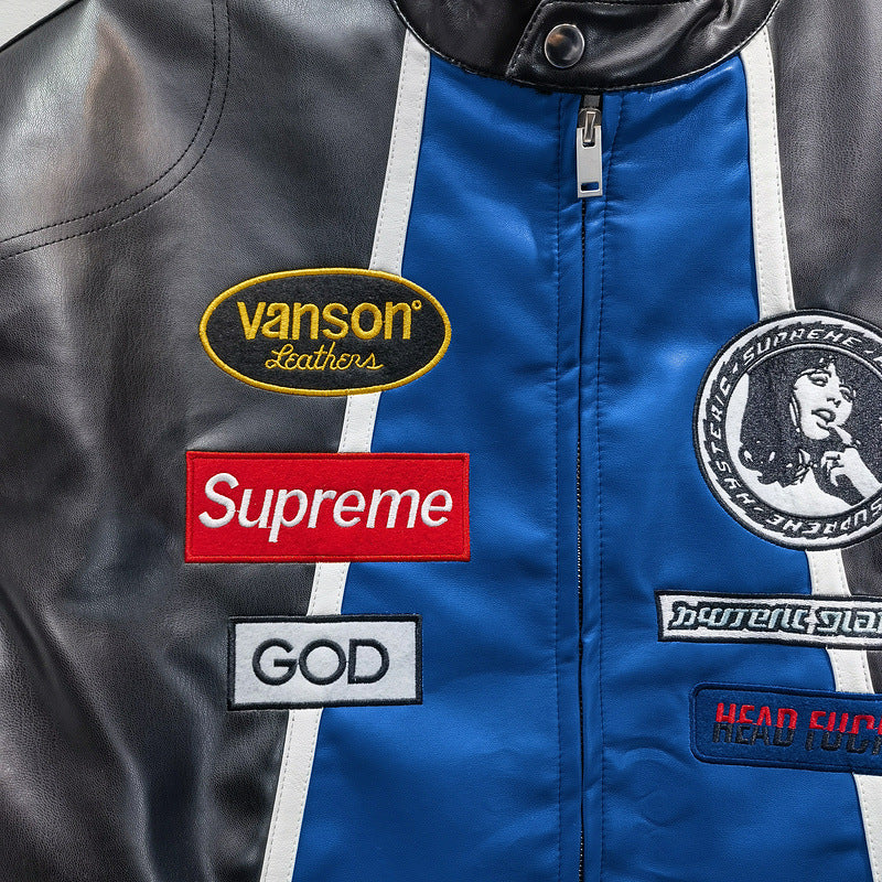 Close-up of a jacket with various patches including Vanson Leathers, Supreme, and others.
