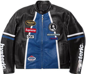 A blue and black leather vintage racing jacket with white stripes and Supreme branding, featuring a zip front and patches on the sleeves.