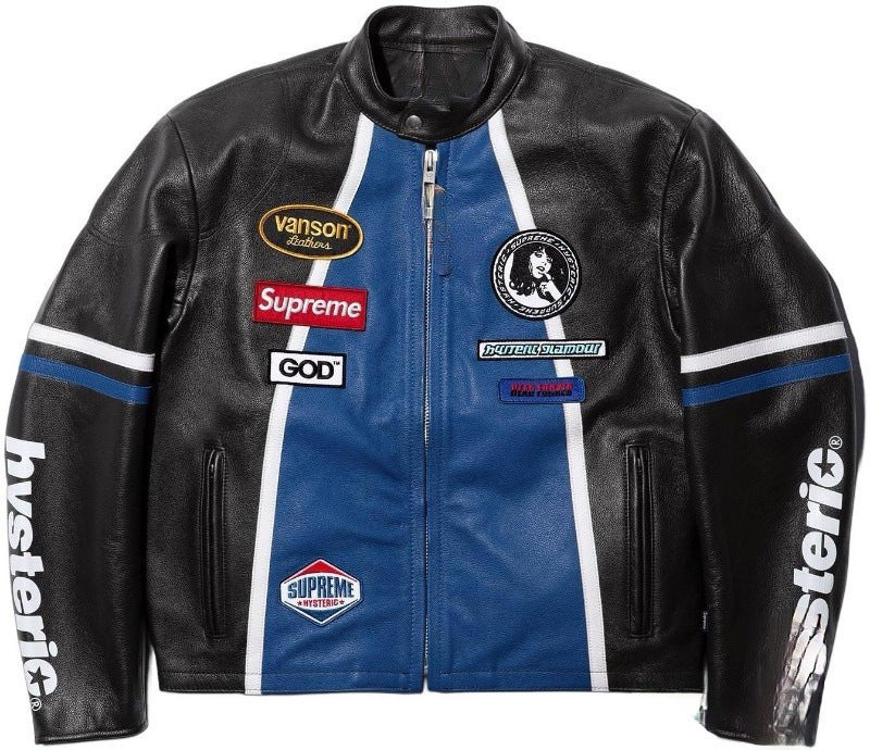 A blue and black leather vintage racing jacket with white stripes and Supreme branding, featuring a zip front and patches on the sleeves.