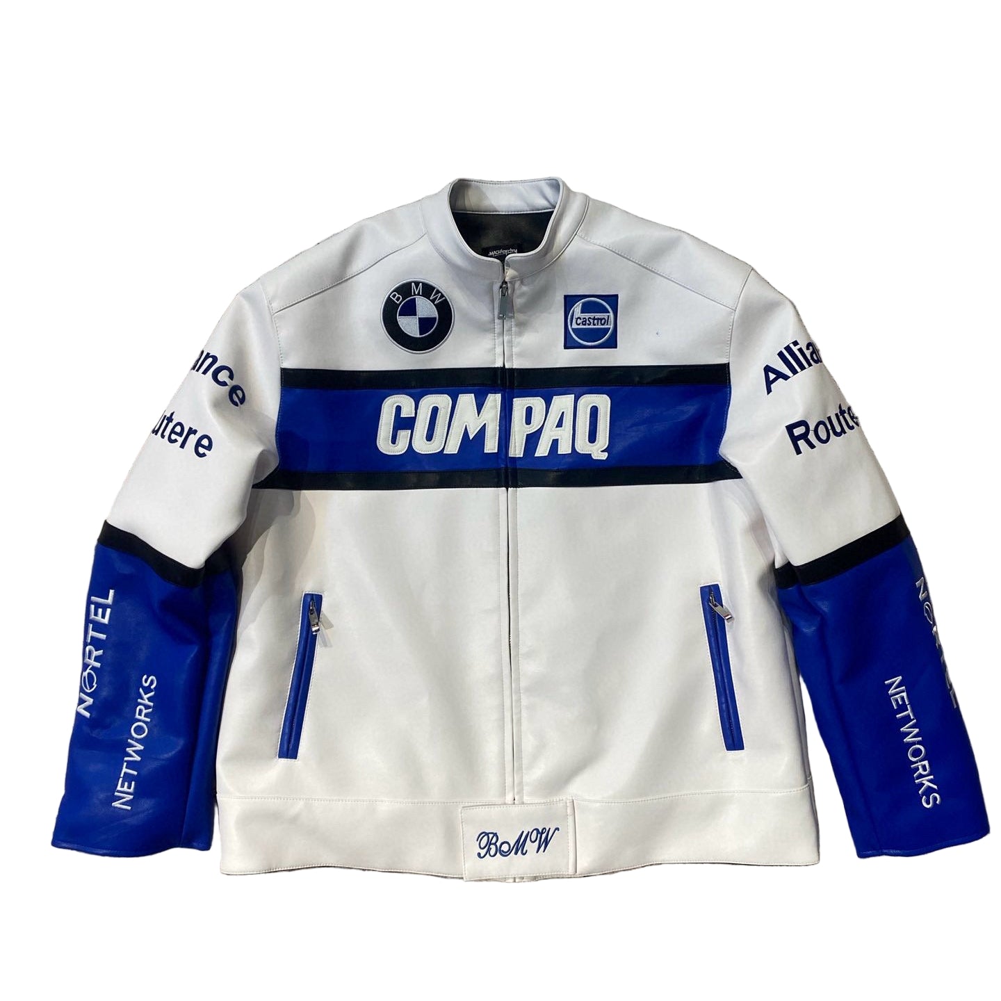 White jacket with blue accents and branding on a textured stone wall background