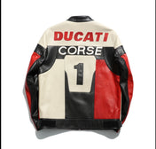 Leather jacket with Ducati Corse branding on a white background