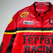 Red leather racing jacket with visible branding on a white background