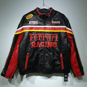 Black and red Ferrari Racing jacket with visible branding on a gray background