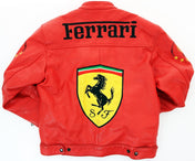 Red Ferrari jacket with logo and text on a white background