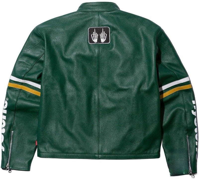 Green leather jacket with a logo on the back and branding on the sleeves, on a white background.