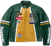 A Supreme Green Leather Vintage Racing Jacket with yellow and white accents, featuring various logos and the brand name 'Supreme' on the sleeves.