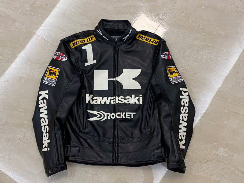 Black Kawasaki racing jacket with various logos on a light background