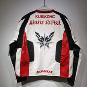 White jacket with red and black accents, featuring branding and graphics on a gray background