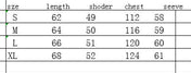 Table with size chart for clothing measurements including sleeve length, shoulder width, chest size, and sleeve length.