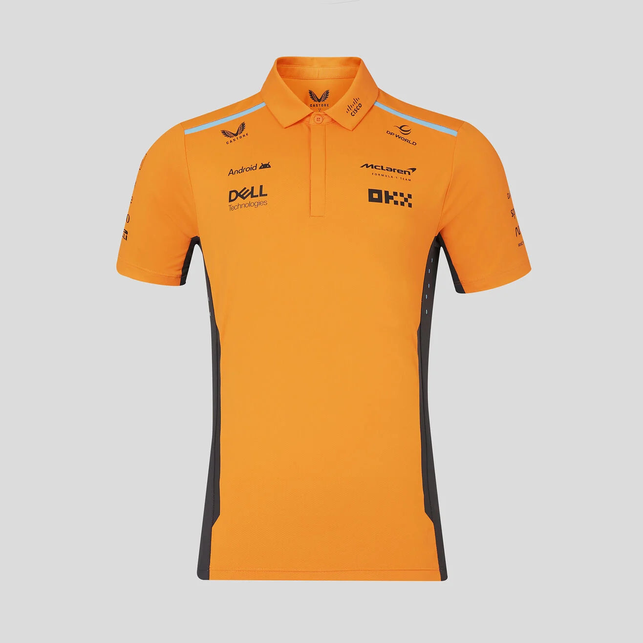 Orange polo shirt with black accents and brand logos on a light gray background