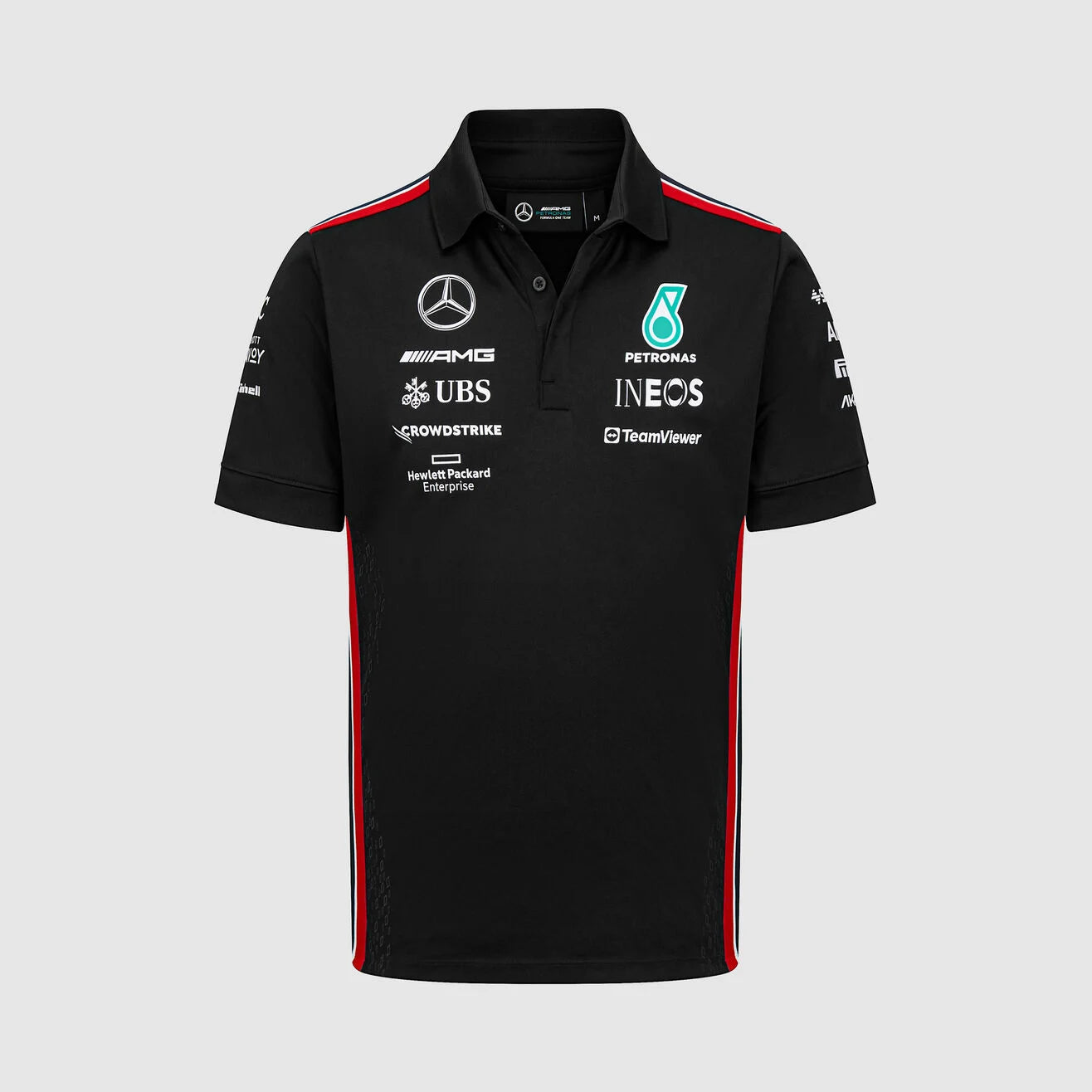 Black polo shirt with various logos on a light gray background