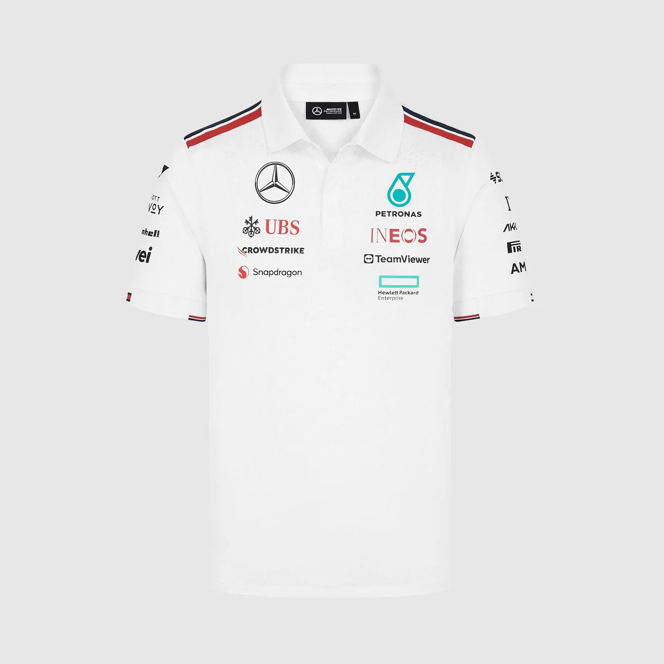 White shirt with various sponsor logos on a white background