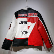 Leather jacket with visible branding on a white background