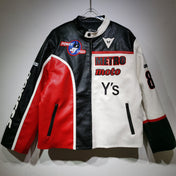 Multicolored jacket with 'Metro moto Y's' branding on a gray background