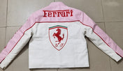 White and pink Ferrari jacket with logo on a tiled floor
