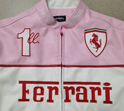Pink and white Ferrari jacket with logo and text on a gray background