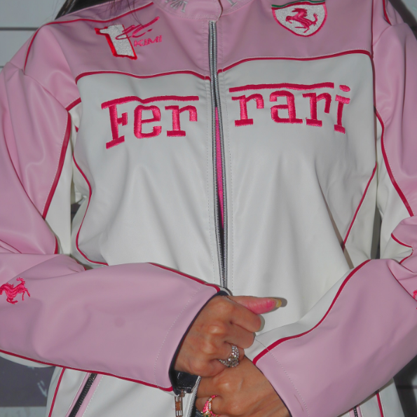 Pink and white Ferrari jacket with red lettering