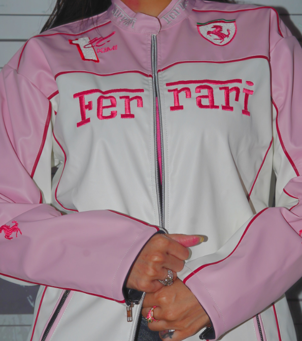 Pink and white Ferrari jacket with red lettering
