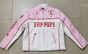 A pink leather vintage racing jacket with Ferrari branding and number 1 on the back.
