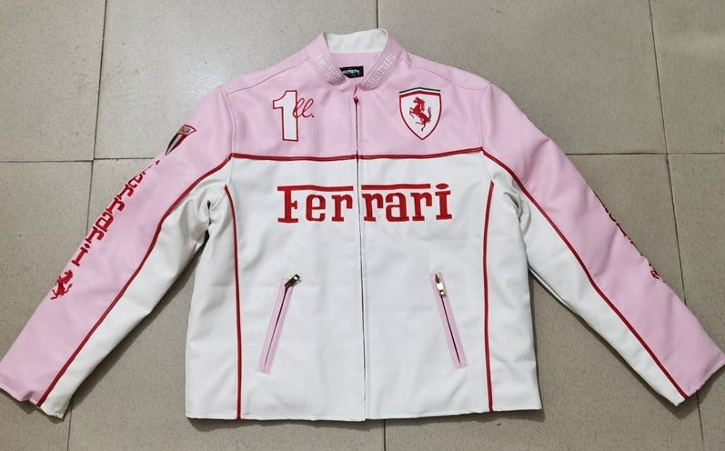 A pink leather vintage racing jacket with Ferrari branding and number 1 on the back.