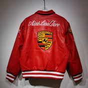 Red leather jacket with Porsche logo and text on a white background