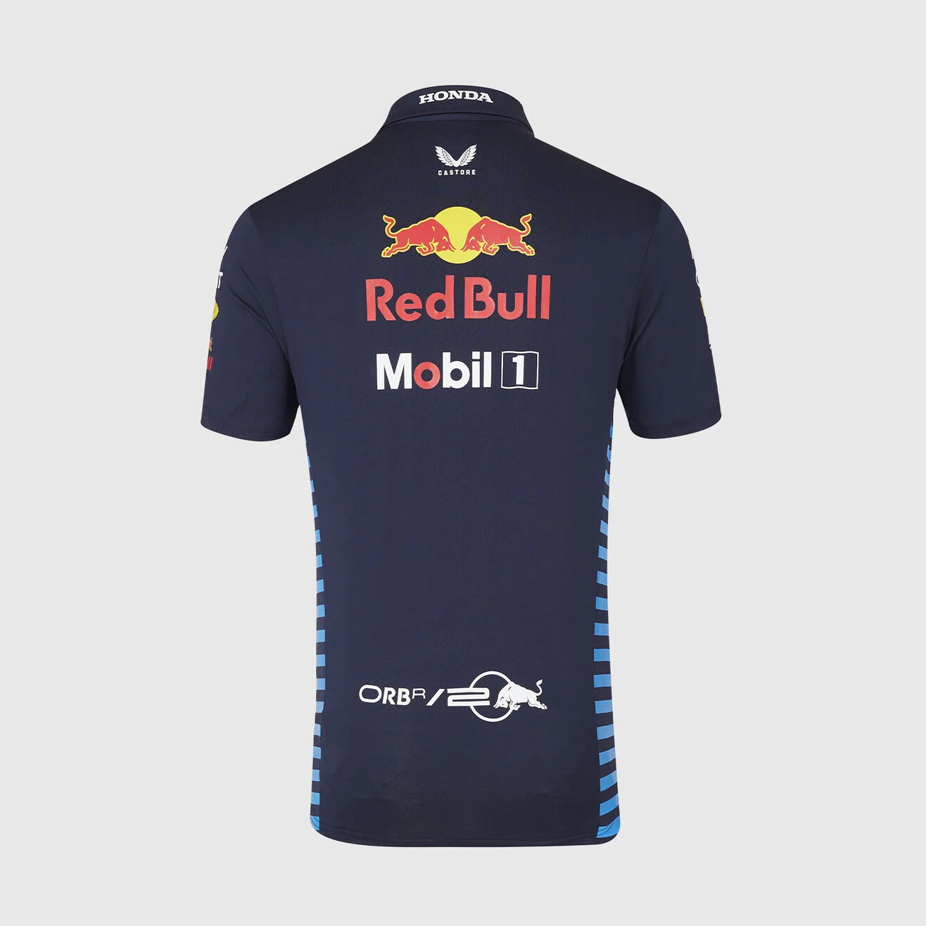 Navy blue sports jersey with Red Bull and Mobil 1 branding on a light gray background