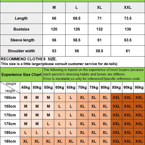 Size chart for coats with measurements in centimeters and weight-height chart for clothing size recommendations.
